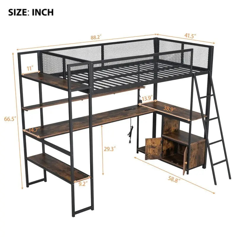 Twin Size Metal Loft Bed with Built-in Work Station, LED and Multiple Storage