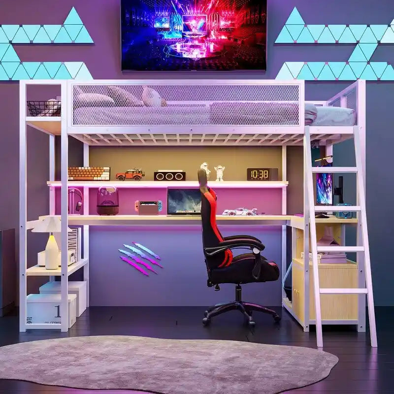 Twin Size Metal Loft Bed with Built-in Work Station, LED and Multiple Storage