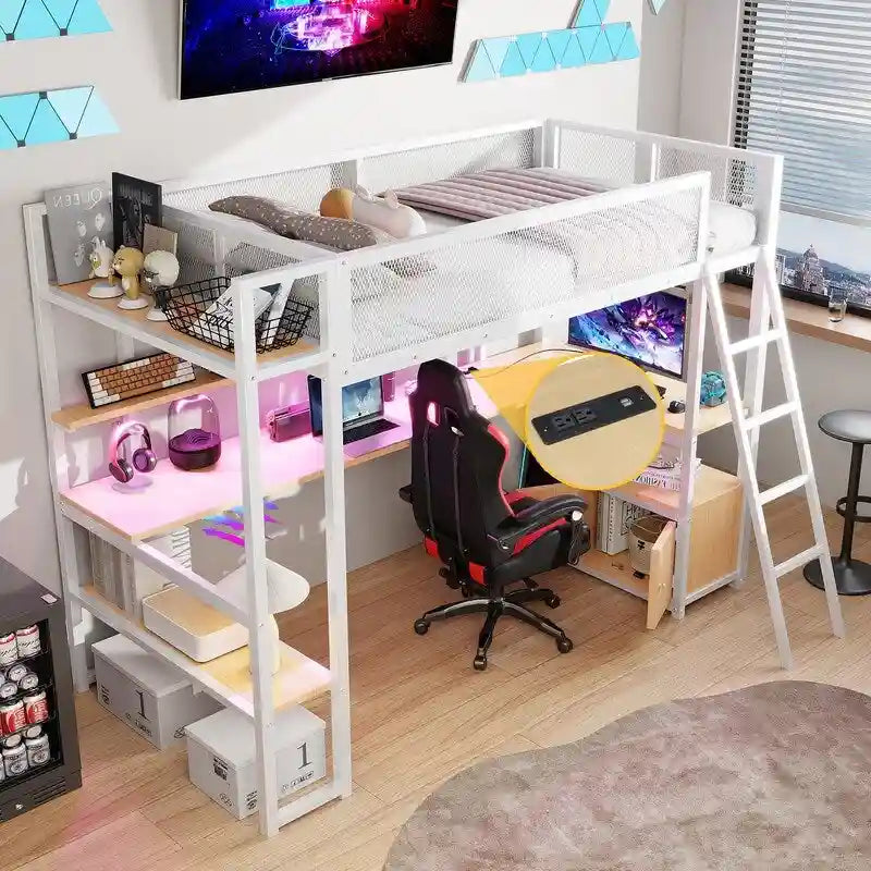 Twin Size Metal Loft Bed with Built-in Work Station, LED and Multiple Storage