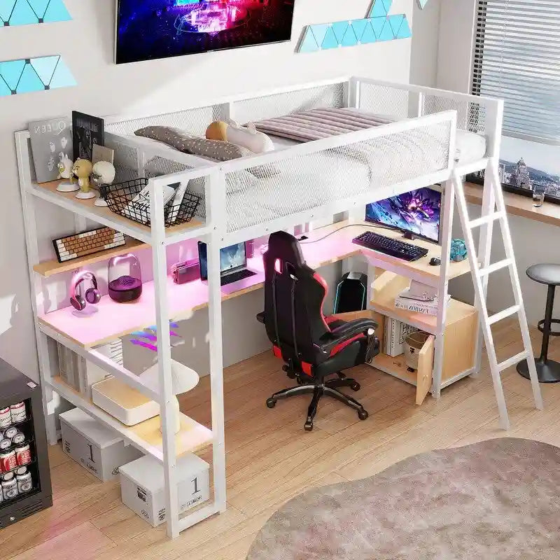 Twin Size Metal Loft Bed with Built-in Work Station, LED and Multiple Storage