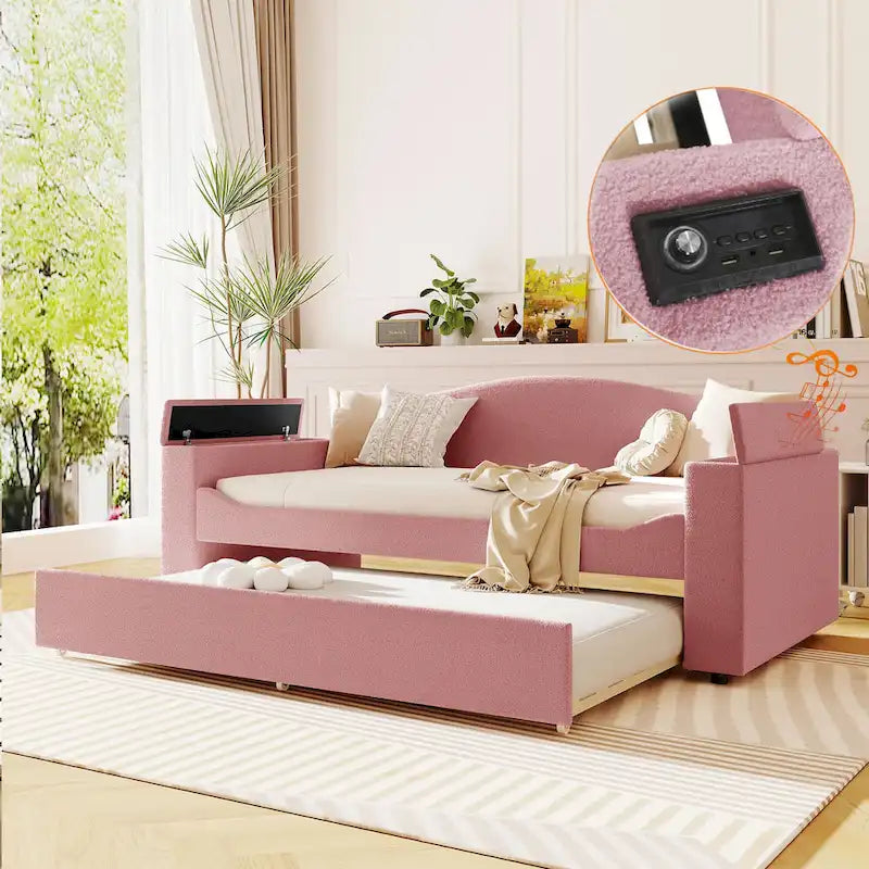 Twin Size Upholstered Daybed with Storage Armrests, Trundle and Integrated Bluetooth Audio System, Teddy Fleece, Gray