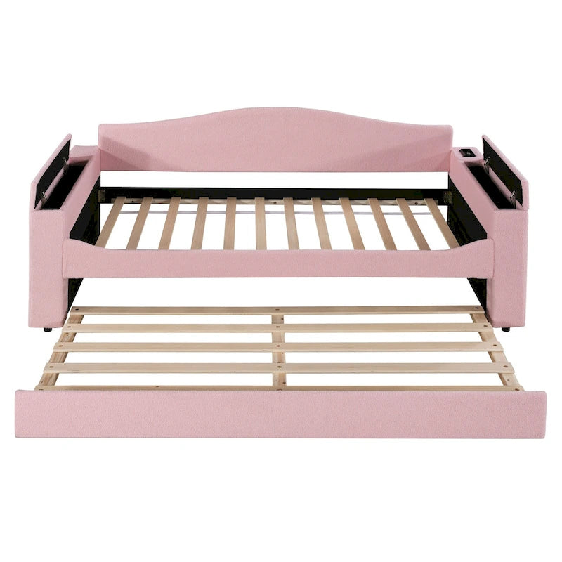 Twin Size Upholstered Daybed with Storage Armrests, Trundle and Integrated Bluetooth Audio System, Teddy Fleece, Gray