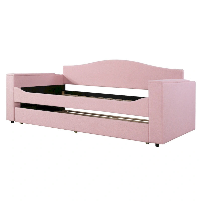 Twin Size Upholstered Daybed with Storage Armrests, Trundle and Integrated Bluetooth Audio System, Teddy Fleece, Gray