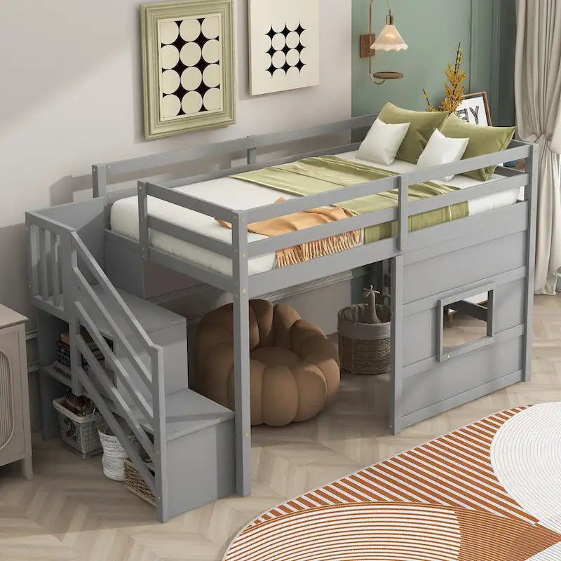 Twin Size Loft Bed with Storage Staircase and Window, Wood Bedframe