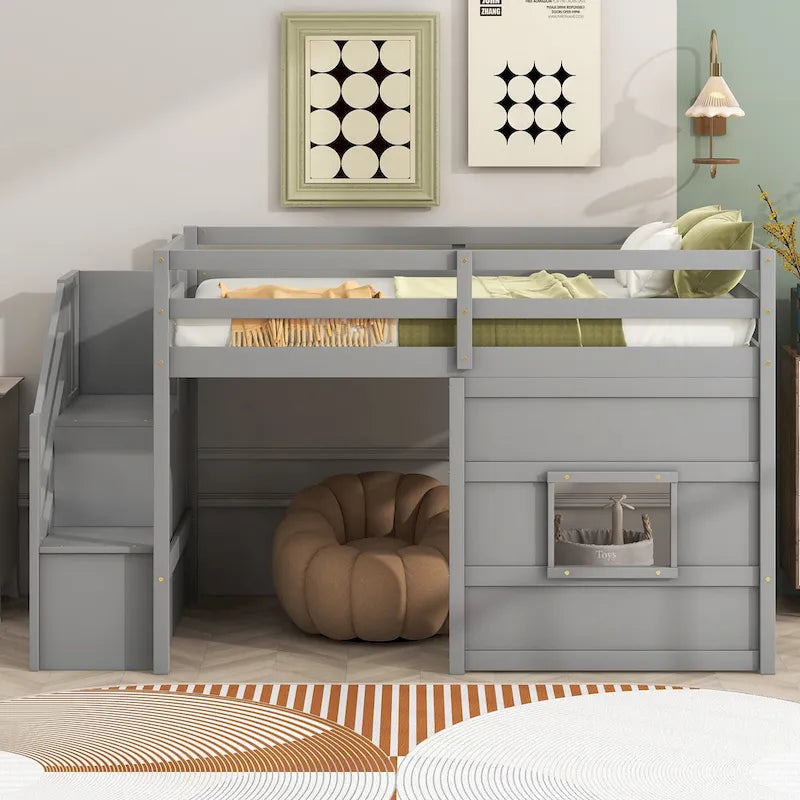 Twin Size Loft Bed with Storage Staircase and Window, Wood Bedframe