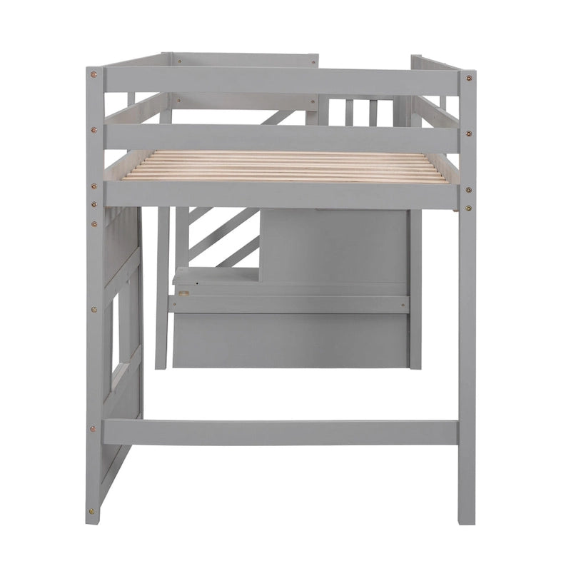 Twin Size Loft Bed with Storage Staircase and Window, Wood Bedframe