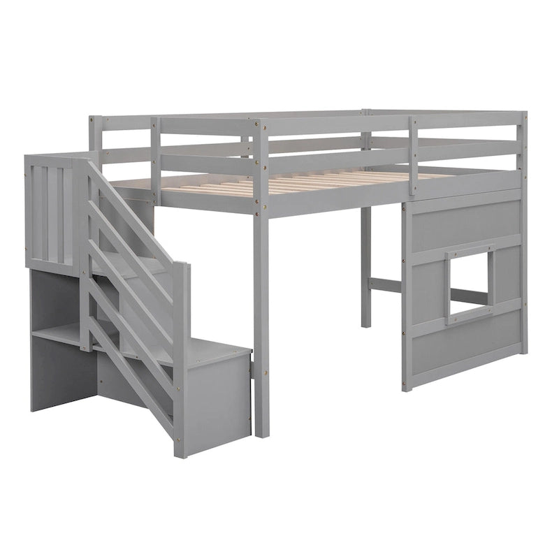 Twin Size Loft Bed with Storage Staircase and Window, Wood Bedframe