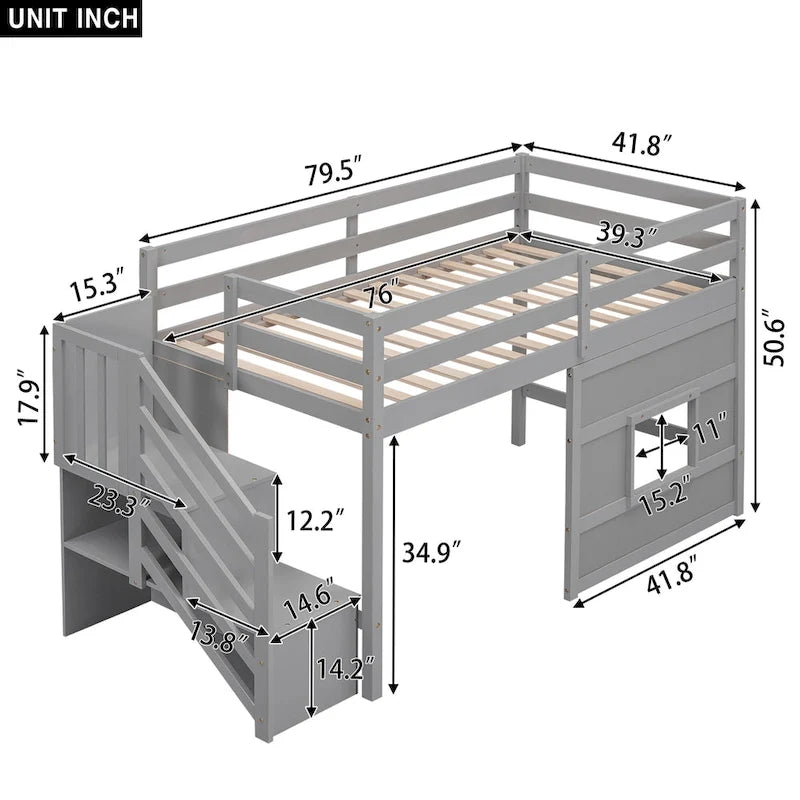 Twin Size Loft Bed with Storage Staircase and Window, Wood Bedframe