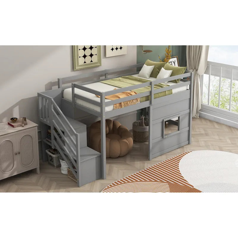 Twin Size Loft Bed with Storage Staircase and Window, Wood Bedframe