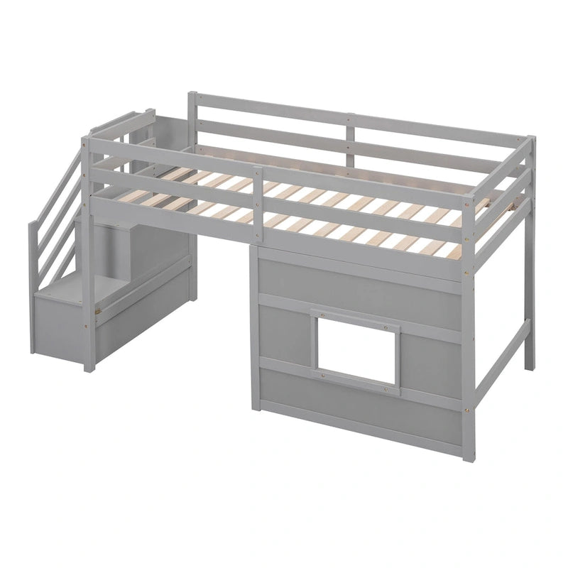 Twin Size Loft Bed with Storage Staircase and Window, Wood Bedframe