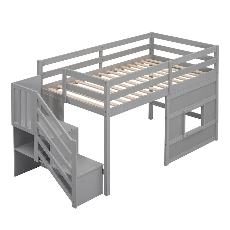 Twin Size Loft Bed with Storage Staircase and Window, Wood Bedframe
