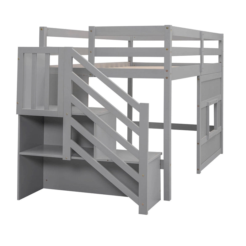 Twin Size Loft Bed with Storage Staircase and Window, Wood Bedframe