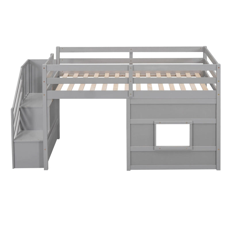 Twin Size Loft Bed with Storage Staircase and Window, Wood Bedframe