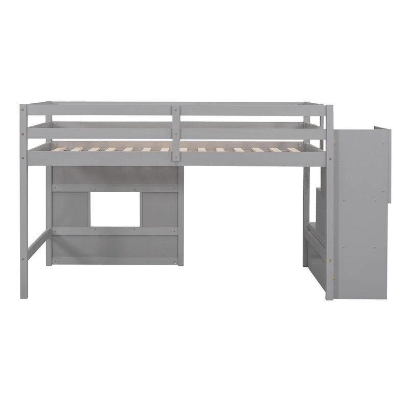 Twin Size Loft Bed with Storage Staircase and Window, Wood Bedframe