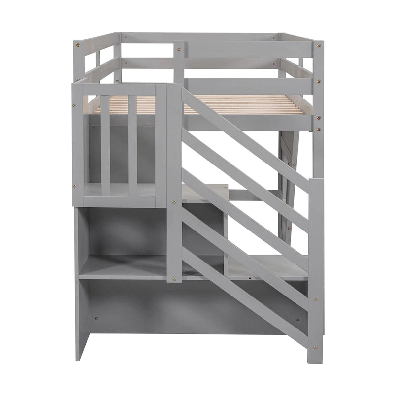 Twin Size Loft Bed with Storage Staircase and Window, Wood Bedframe