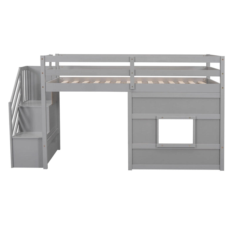 Twin Size Loft Bed with Storage Staircase and Window, Wood Bedframe