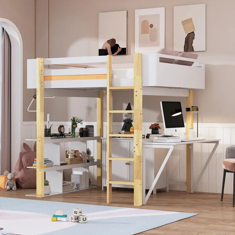 Full Size Wood Loft Bed With Built-in Storage Cabinet and Cubes, Foldable desk, White