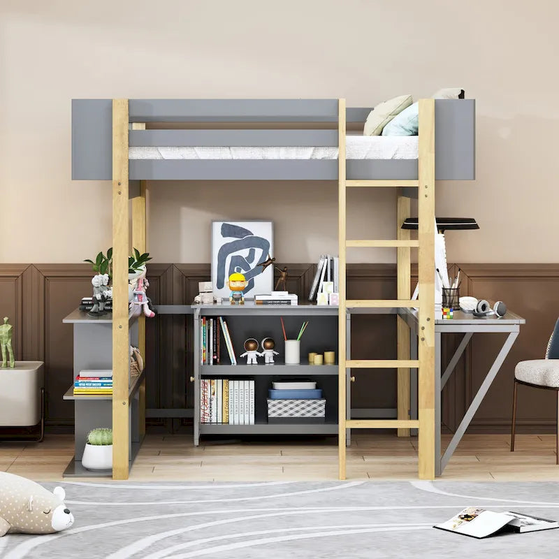 Full Size Wood Loft Bed With Built-in Storage Cabinet and Cubes, Foldable desk, White