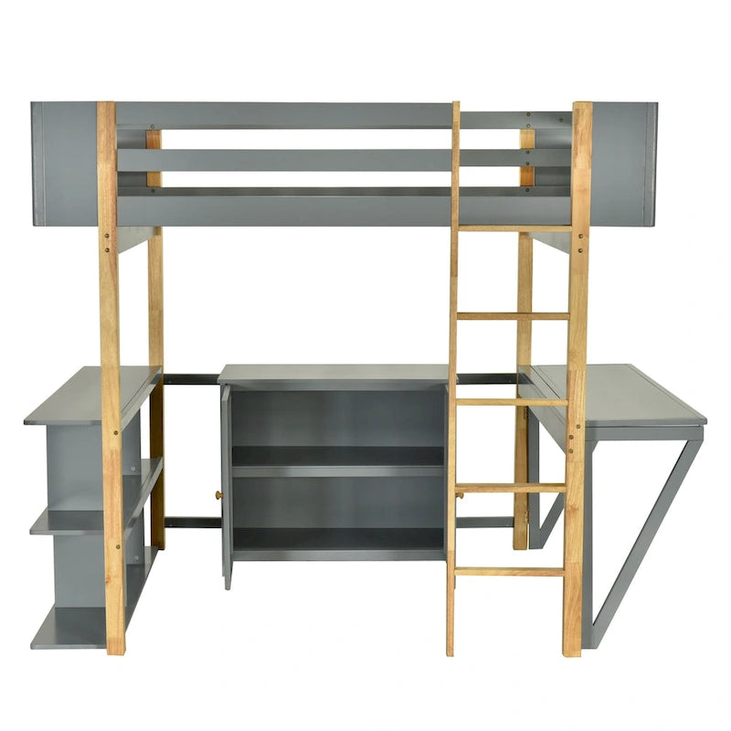 Full Size Wood Loft Bed With Built-in Storage Cabinet and Cubes, Foldable desk, White