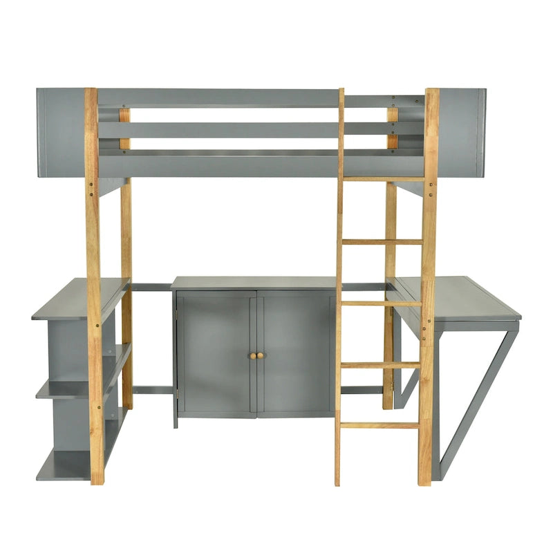 Full Size Wood Loft Bed With Built-in Storage Cabinet and Cubes, Foldable desk, White