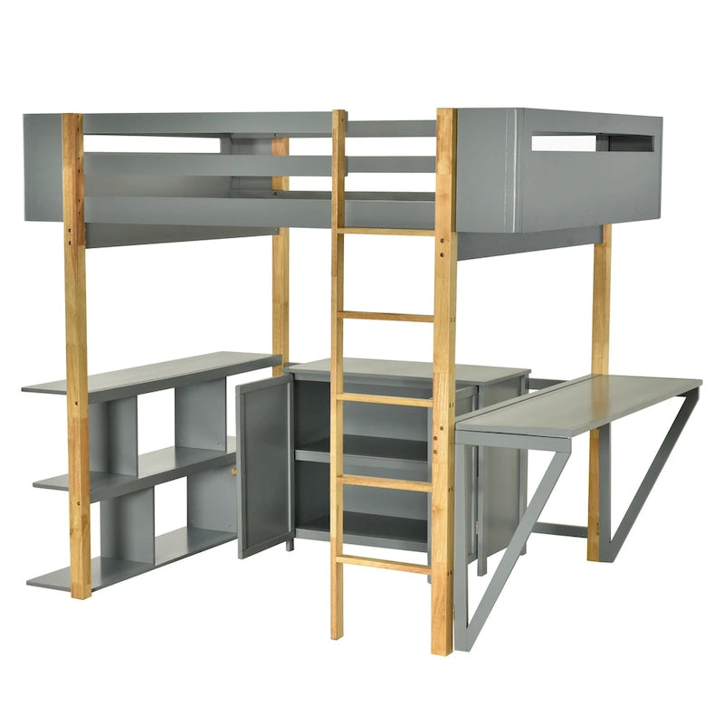 Full Size Wood Loft Bed With Built-in Storage Cabinet and Cubes, Foldable desk, White