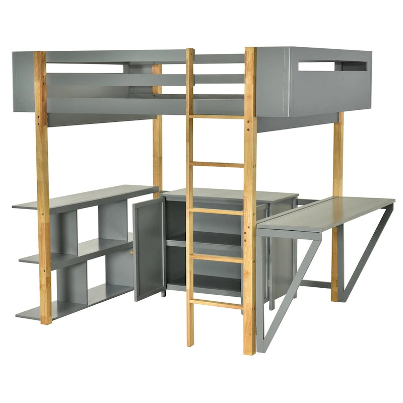 Full Size Wood Loft Bed With Built-in Storage Cabinet and Cubes, Foldable desk, White