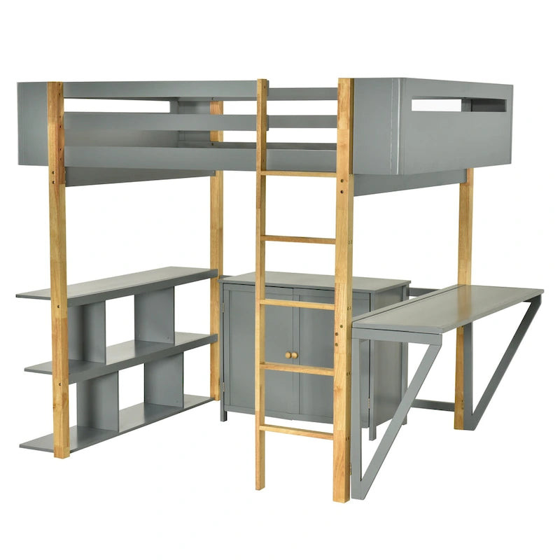 Full Size Wood Loft Bed With Built-in Storage Cabinet and Cubes, Foldable desk, White