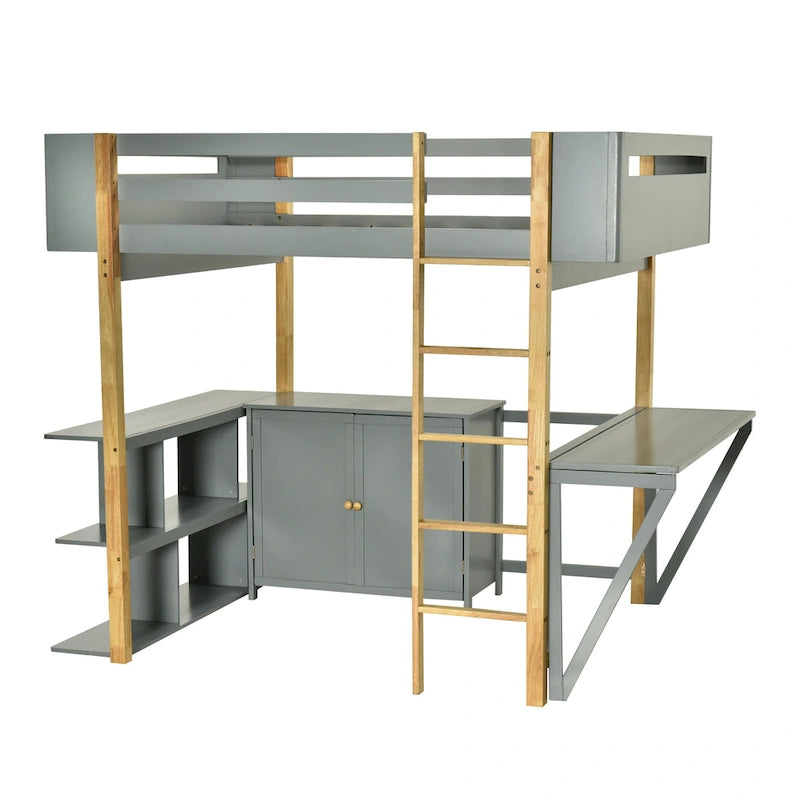 Full Size Wood Loft Bed With Built-in Storage Cabinet and Cubes, Foldable desk, White