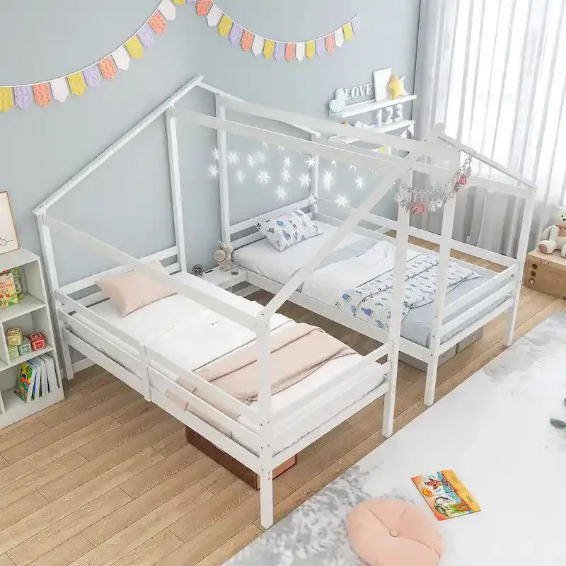 Double Twin Size House Bed for Kids with Built-in Nightstand & USB