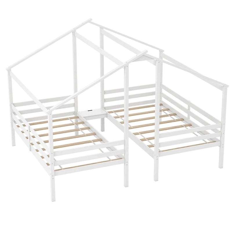 Double Twin Size House Bed for Kids with Built-in Nightstand & USB