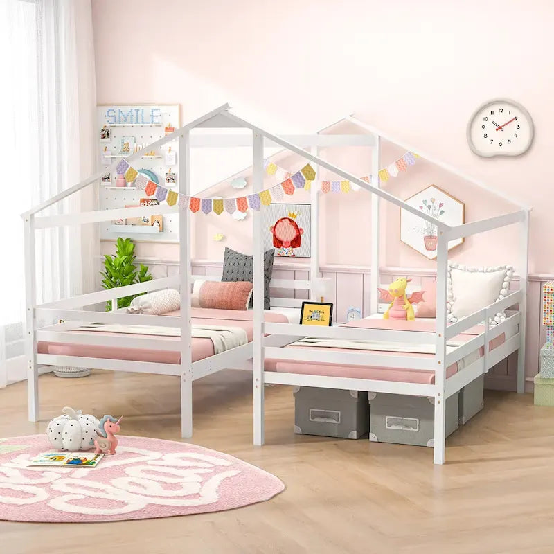 Double Twin Size House Bed for Kids with Built-in Nightstand & USB