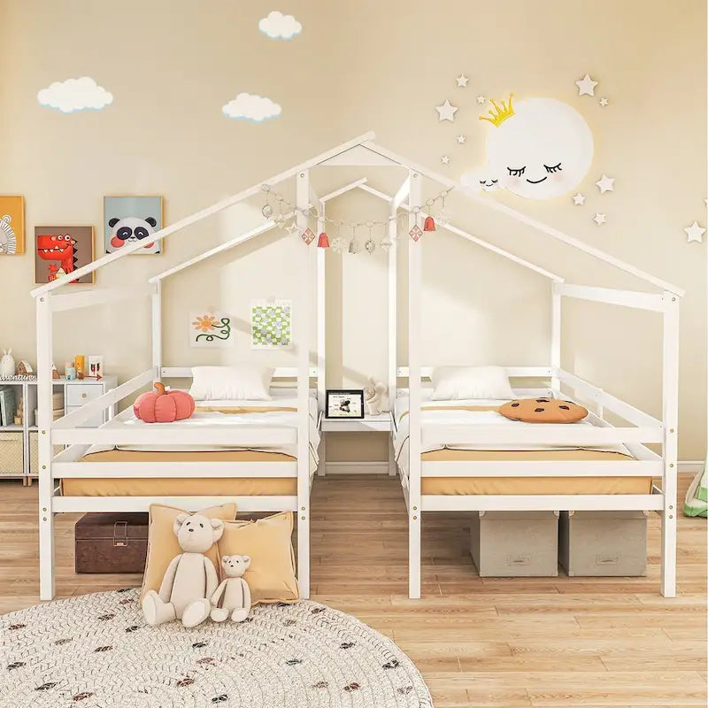 Double Twin Size House Bed for Kids with Built-in Nightstand & USB