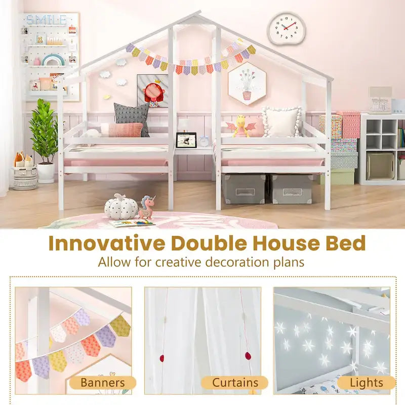 Double Twin Size House Bed for Kids with Built-in Nightstand & USB