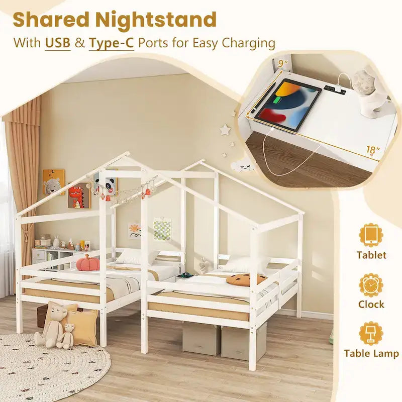 Double Twin Size House Bed for Kids with Built-in Nightstand & USB