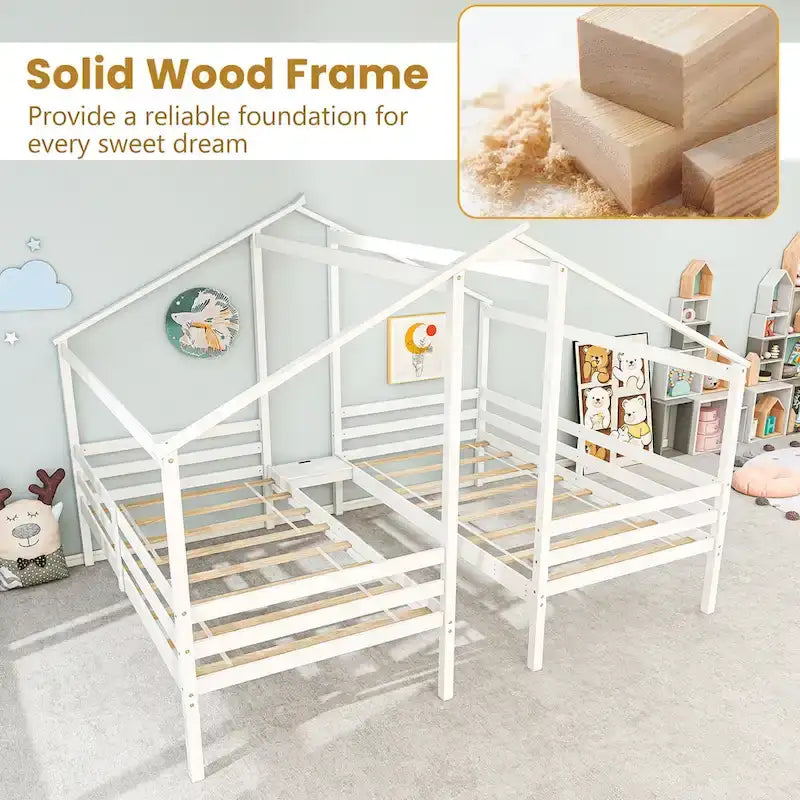Double Twin Size House Bed for Kids with Built-in Nightstand & USB