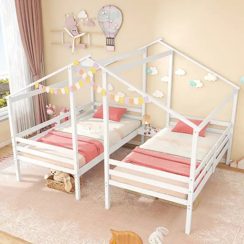Double Twin Size House Bed for Kids with Built-in Nightstand & USB
