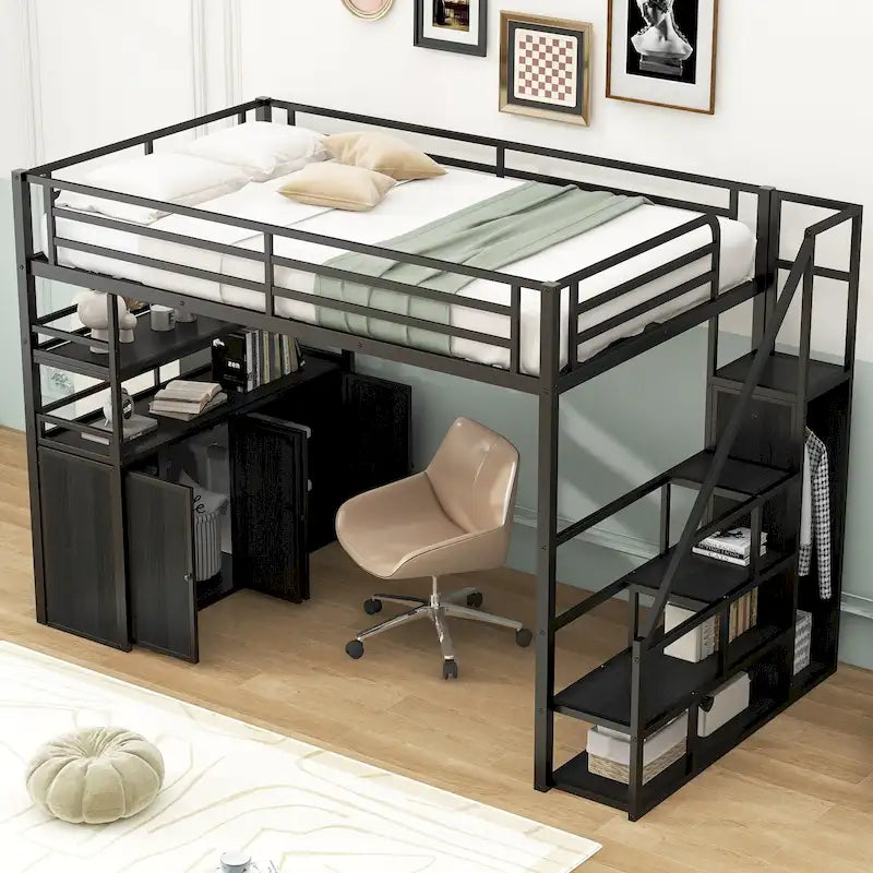 Full Size Metal Loft Bed with Storage Staircase and Wardrobe, Shelves