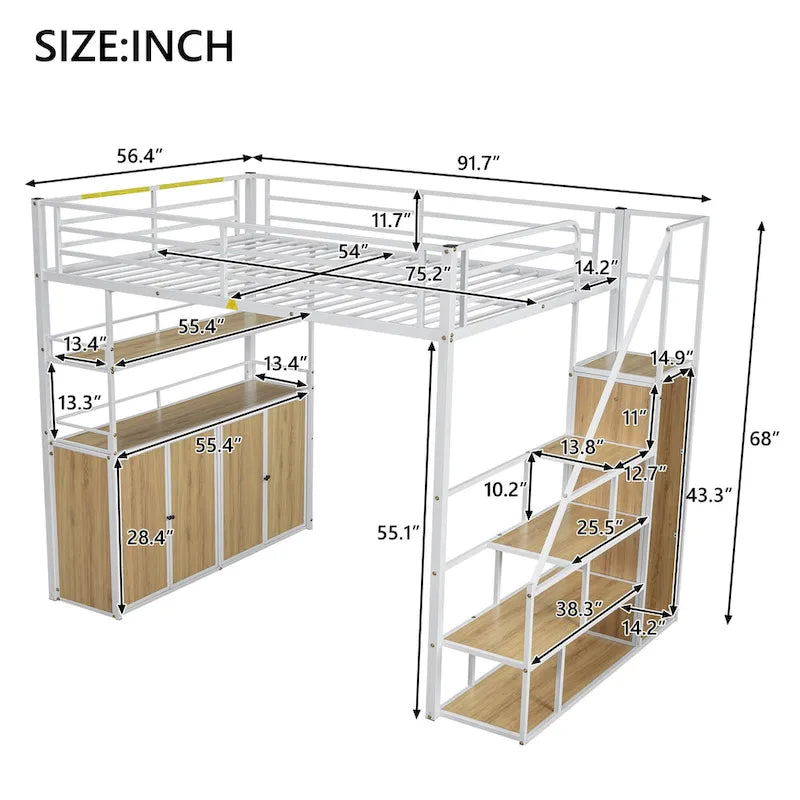 Full Size Metal Loft Bed with Storage Staircase and Wardrobe, Shelves