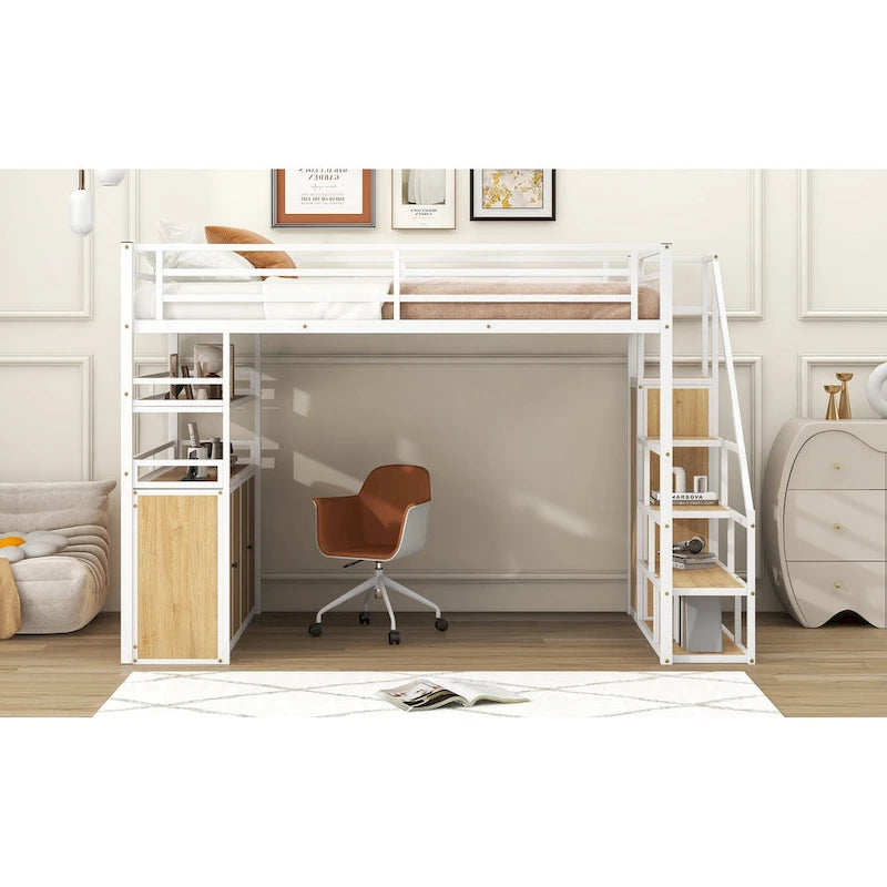Full Size Metal Loft Bed with Storage Staircase and Wardrobe, Shelves