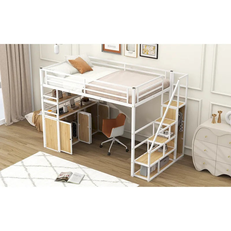 Full Size Metal Loft Bed with Storage Staircase and Wardrobe, Shelves