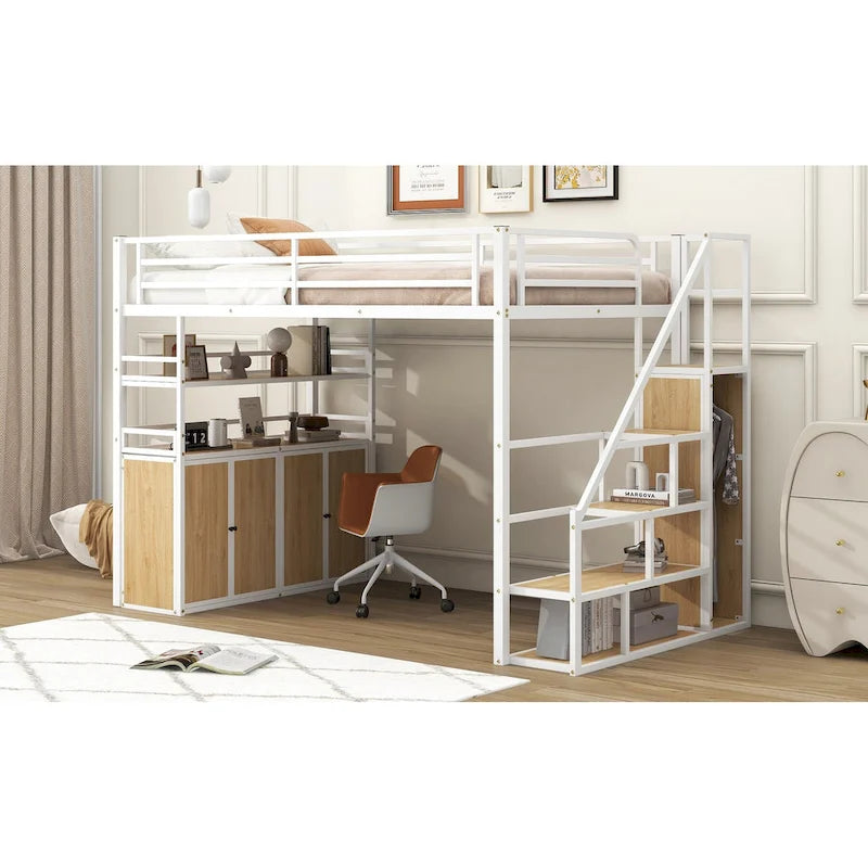Full Size Metal Loft Bed with Storage Staircase and Wardrobe, Shelves