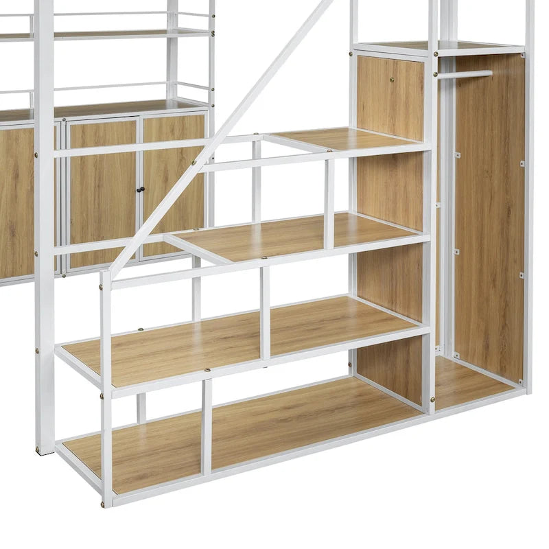 Full Size Metal Loft Bed with Storage Staircase and Wardrobe, Shelves