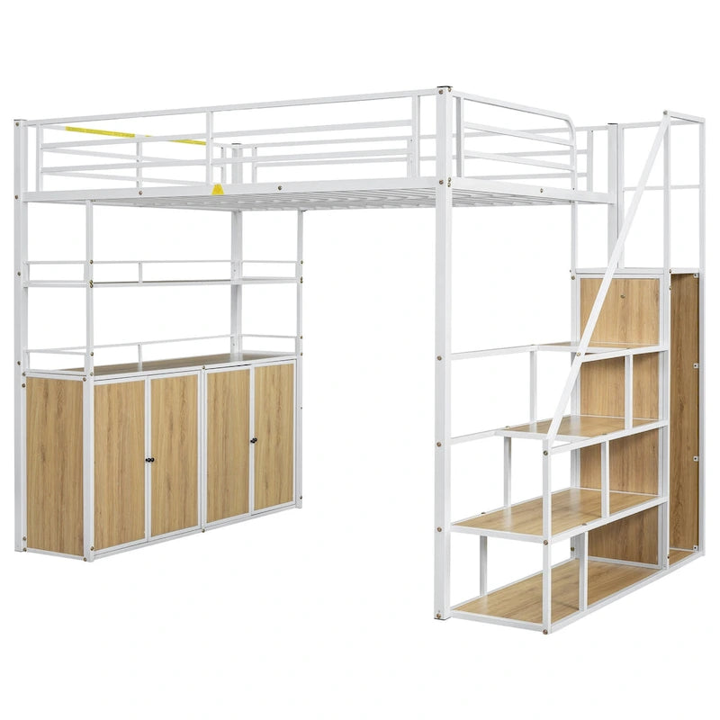 Full Size Metal Loft Bed with Storage Staircase and Wardrobe, Shelves