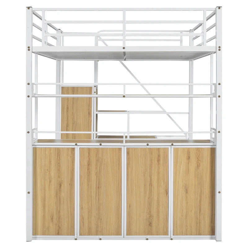 Full Size Metal Loft Bed with Storage Staircase and Wardrobe, Shelves