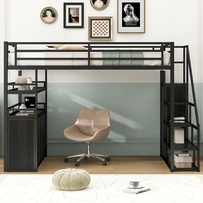 Full Size Metal Loft Bed with Storage Staircase and Wardrobe, Shelves