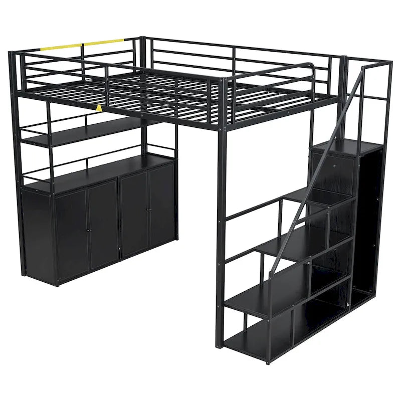 Full Size Metal Loft Bed with Storage Staircase and Wardrobe, Shelves