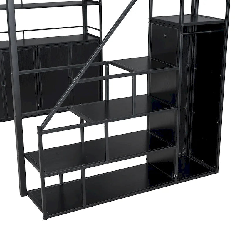 Full Size Metal Loft Bed with Storage Staircase and Wardrobe, Shelves
