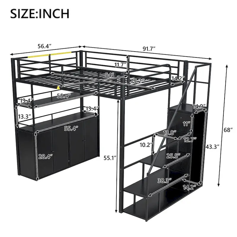 Full Size Metal Loft Bed with Storage Staircase and Wardrobe, Shelves