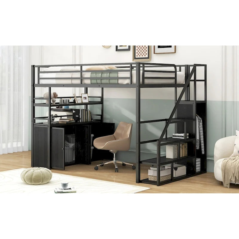 Full Size Metal Loft Bed with Storage Staircase and Wardrobe, Shelves