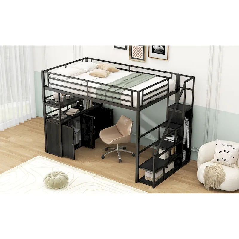 Full Size Metal Loft Bed with Storage Staircase and Wardrobe, Shelves